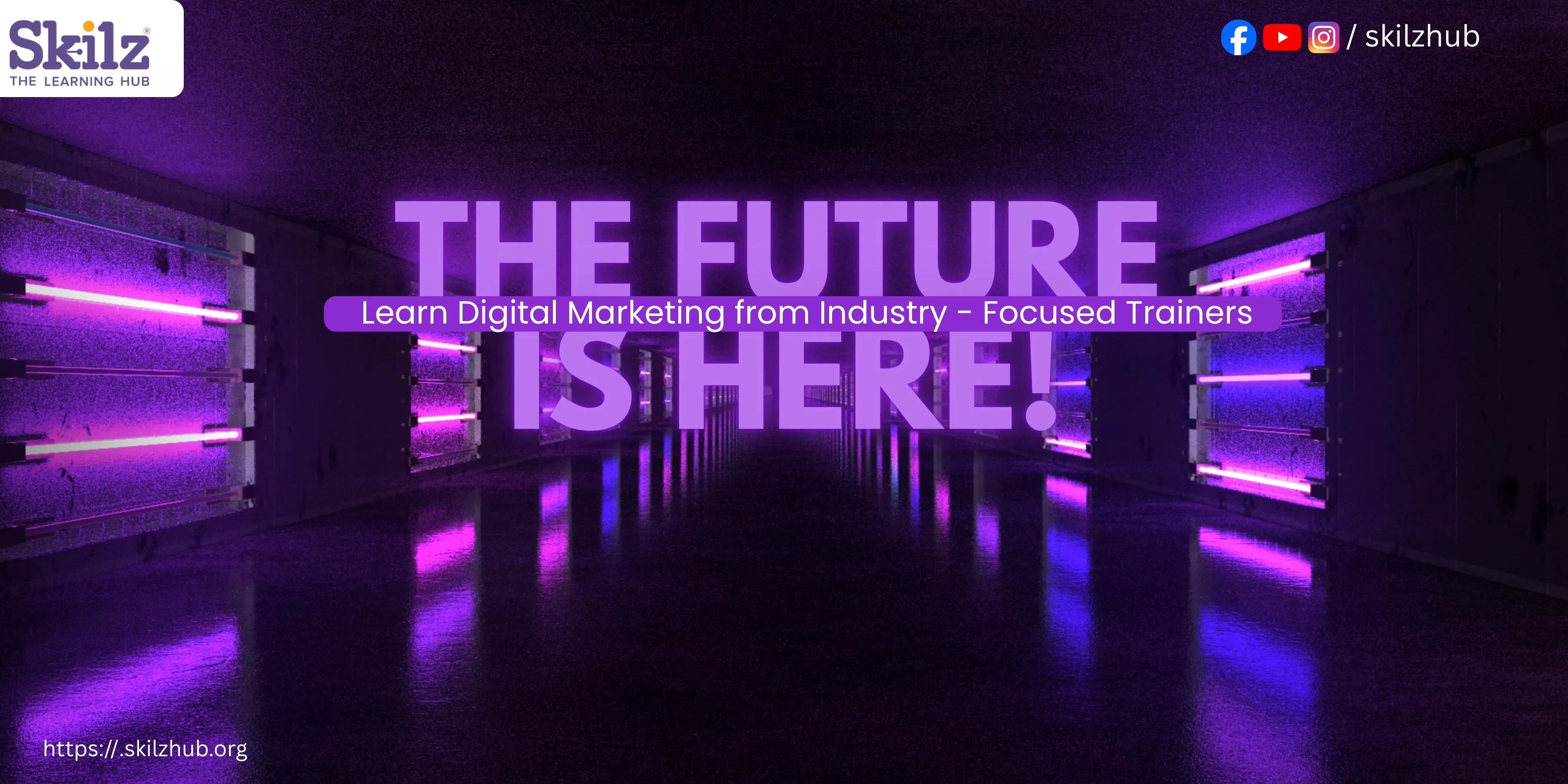 Futuristic neon hallway  digital marketing banner