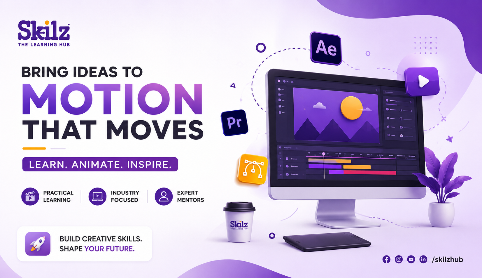 Motion Graphics training at SkilzHub in Kottakkal using Adobe After Effects and Premiere Pro for animation, video editing, reels, and digital content creation