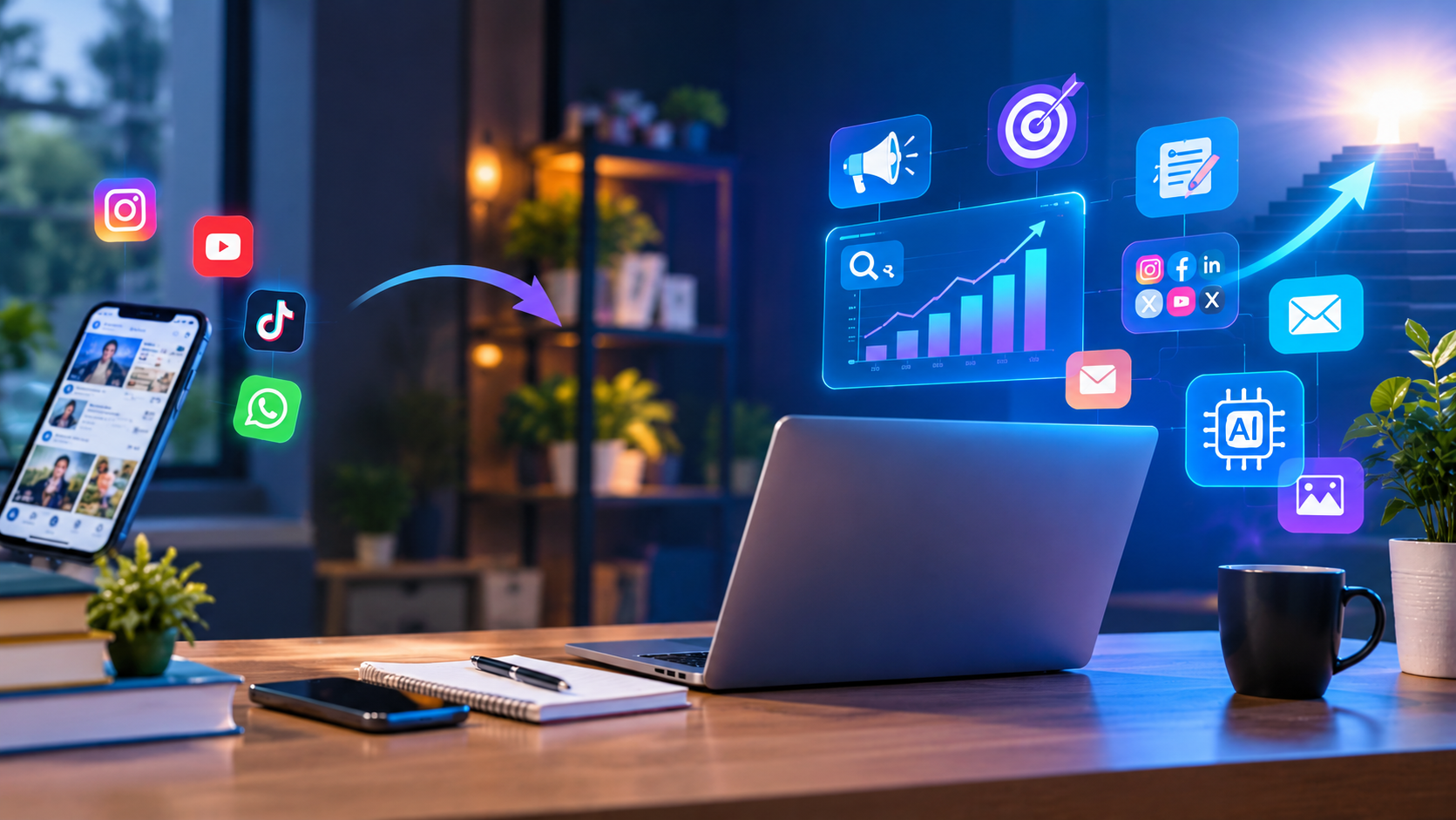  Digital marketing strategy with social media, SEO analytics, AI, and growth chart. 