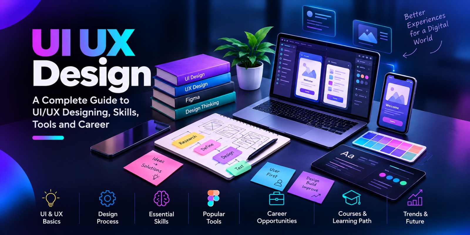 UI/UX design workspace with laptop and mobile interface.
