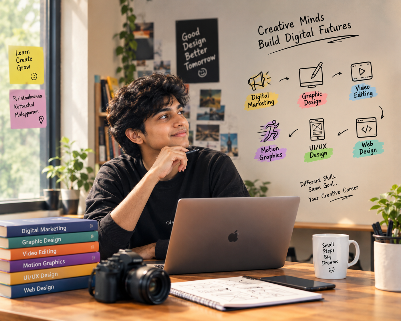 Student studying Digital Marketing, Graphic Design, and Web Design courses